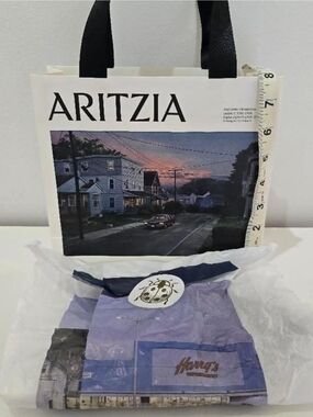 Aritzia White Tote with Scenic Printed Panel and Black Handles